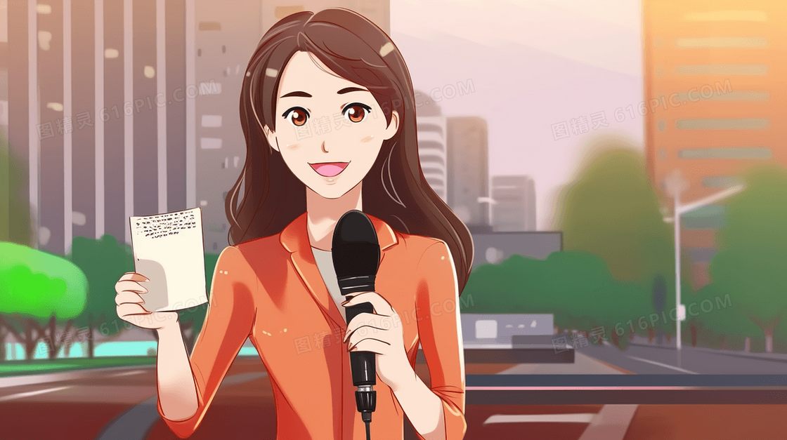 卡通新闻报道的女记者插画