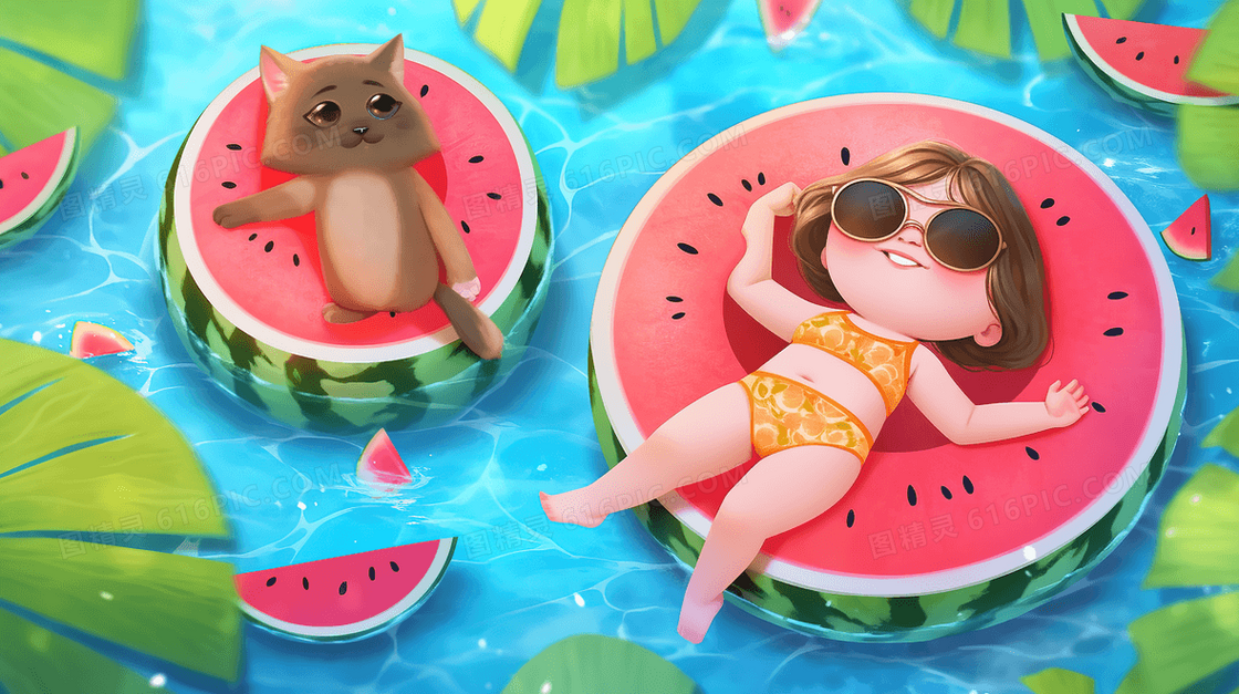 可爱卡通女孩和猫咪躺在游泳池上晒太阳创意插画