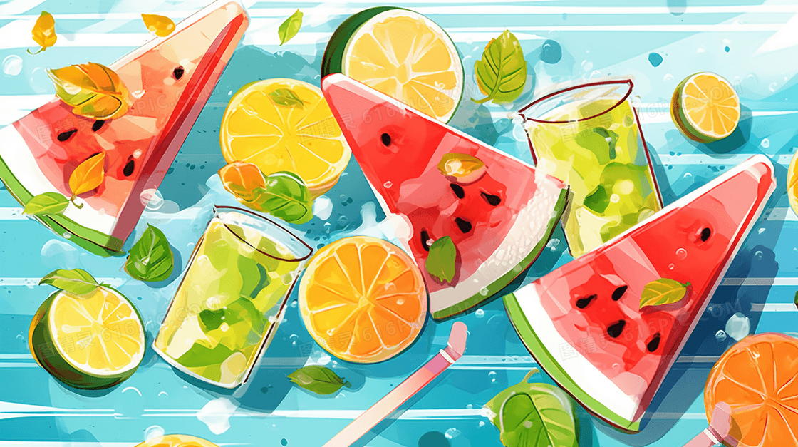 夏季清凉冰镇水果冷饮插画