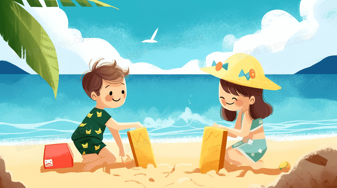 可爱的男孩女孩在海边沙滩上玩沙子创意插画