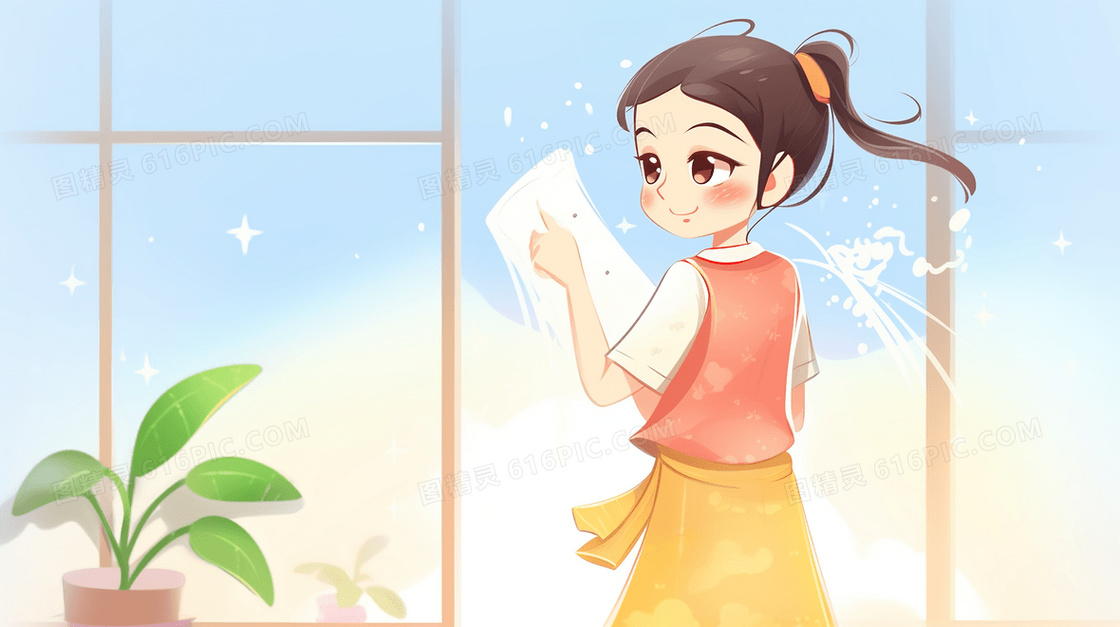 擦玻璃的女士插画