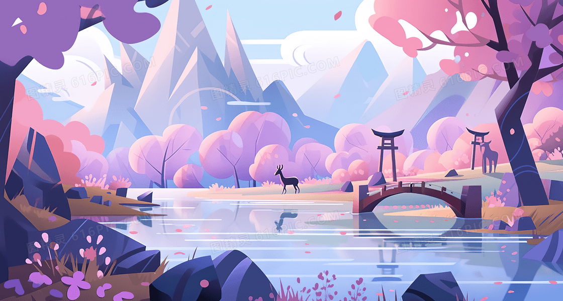 紫色唯美小桥流水风景矢量插画