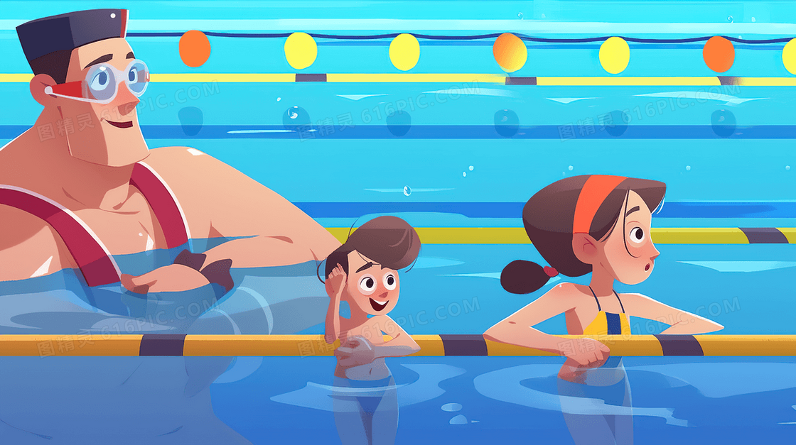 夏天孩子们认真的和教练学习游泳创意插画