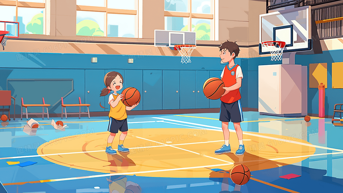 小朋友们在和篮球教练学习打篮球创意插画