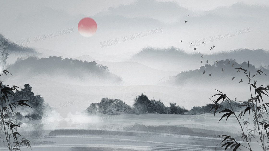 黑白山水水墨风景中国风插画