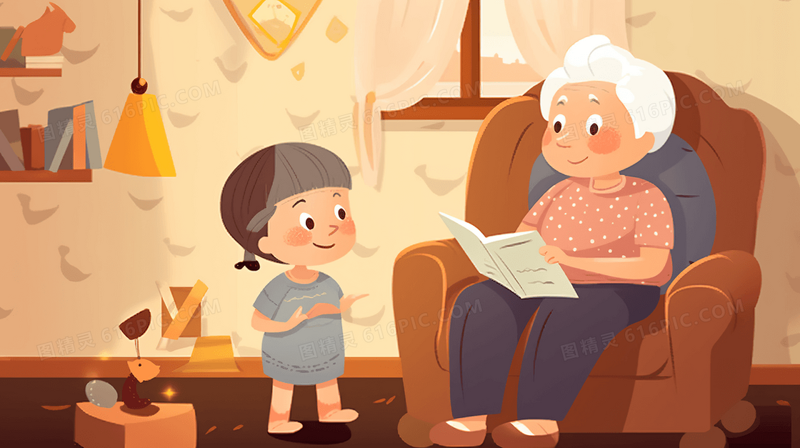 坐在沙发上给小朋友讲故事的老奶奶插画