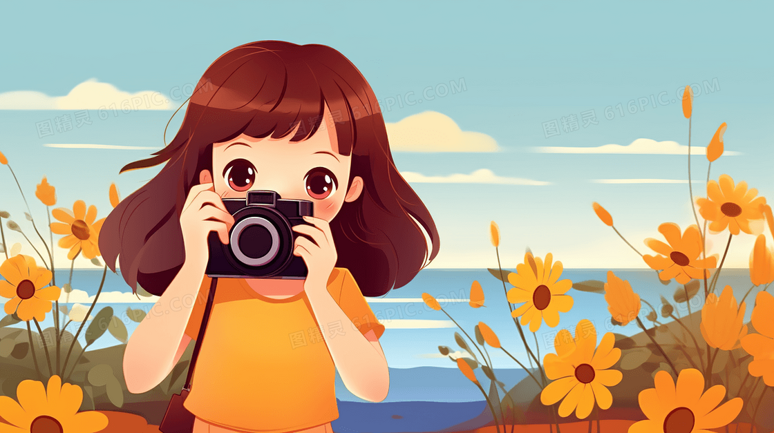 向日葵中拍照的小女孩插画
