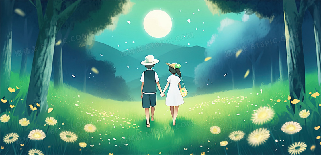 梦幻的春天一对热恋情侣在散步创意插画