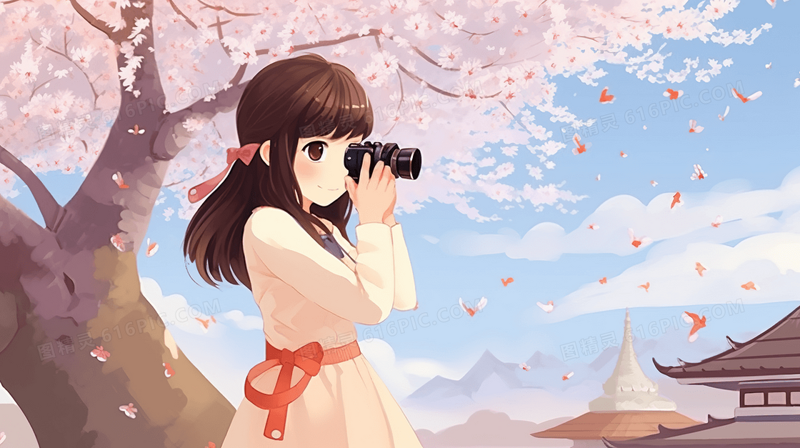 粉色樱花树下拍照的女孩插画