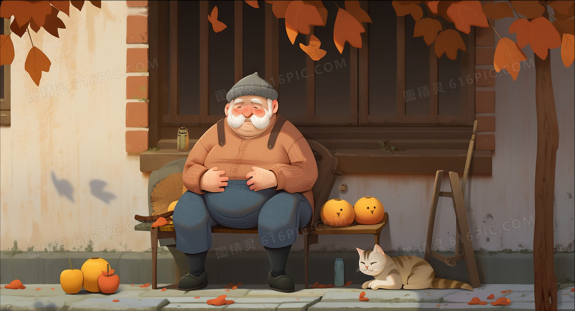 院子里孤独的老人与猫创意插画