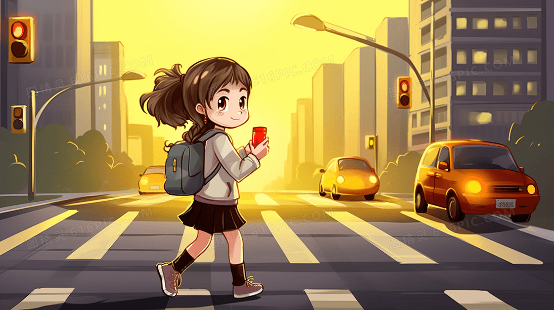 彩色过马路的小女孩插画