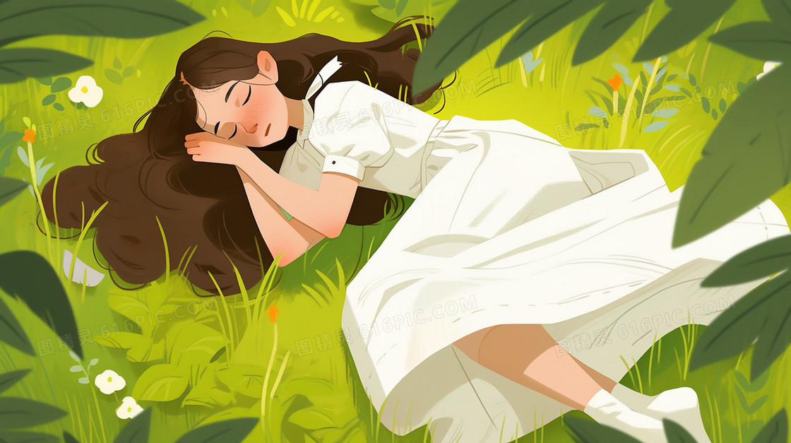 白露气节在草地上休息的女孩创意插画