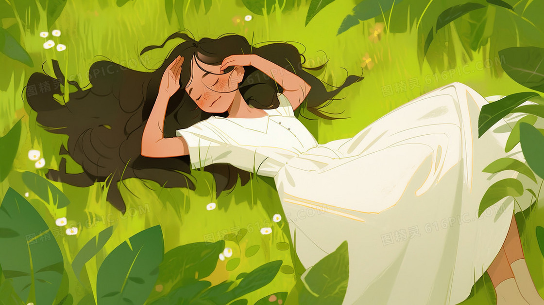 白露气节在草地上休息的女孩创意插画