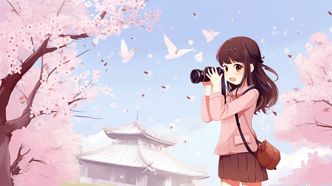 粉色樱花树下拍照的女孩插画