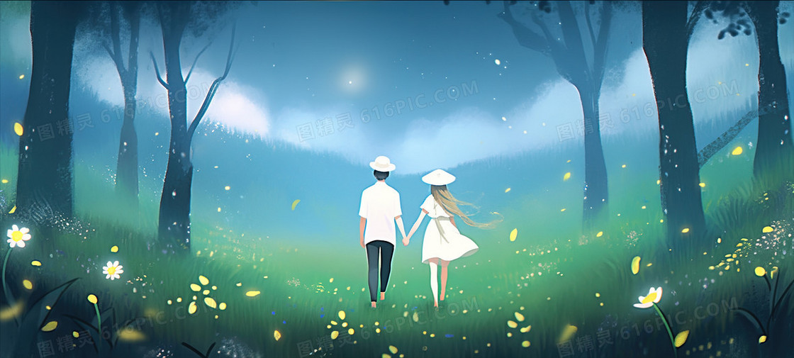 梦幻的春天一对热恋情侣在散步插画