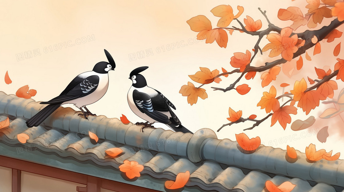 金秋十月屋檐上的柿子与喜鹊插画