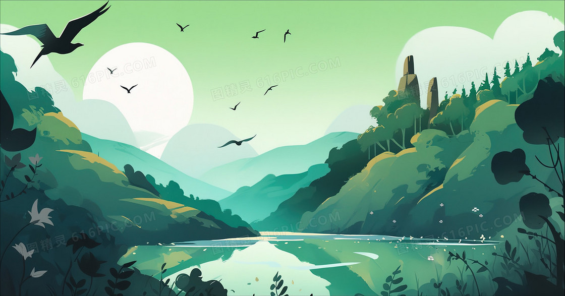 春天青山绿水景色插画