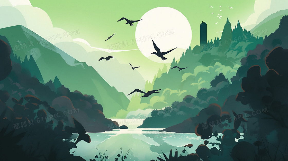 春天青山绿水景色插画