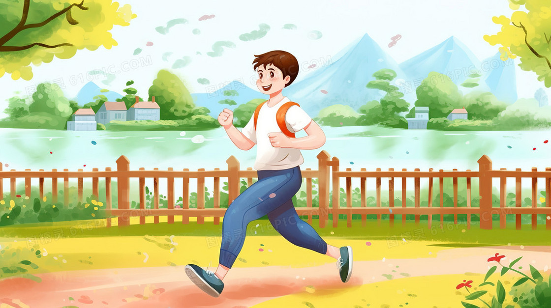 卡通风在公园跑步的帅气男孩