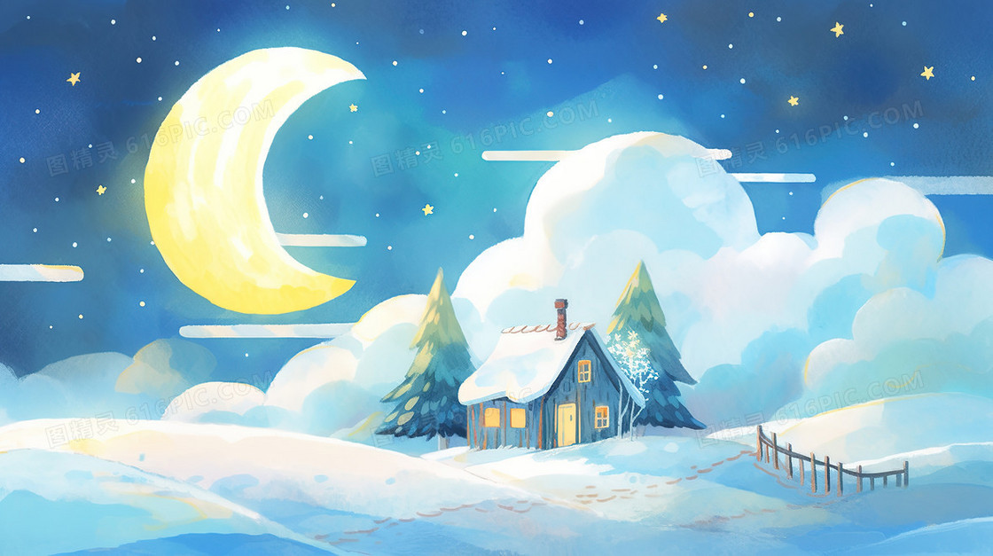 卡通梦幻冬季月亮下的小木屋
