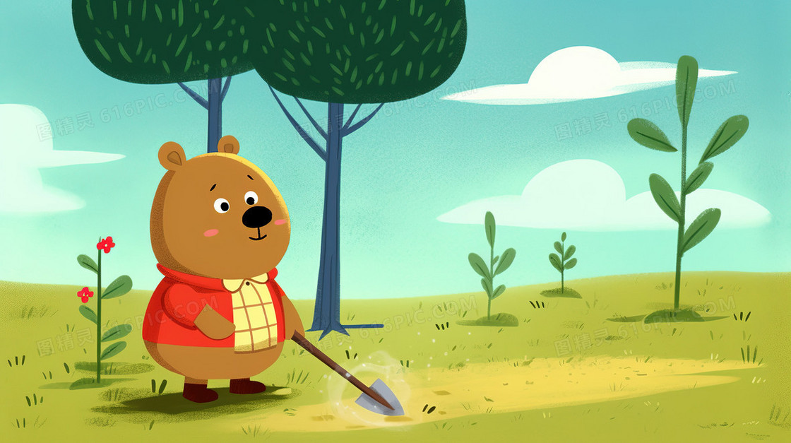 卡通风拿着小铁锹的可爱小熊