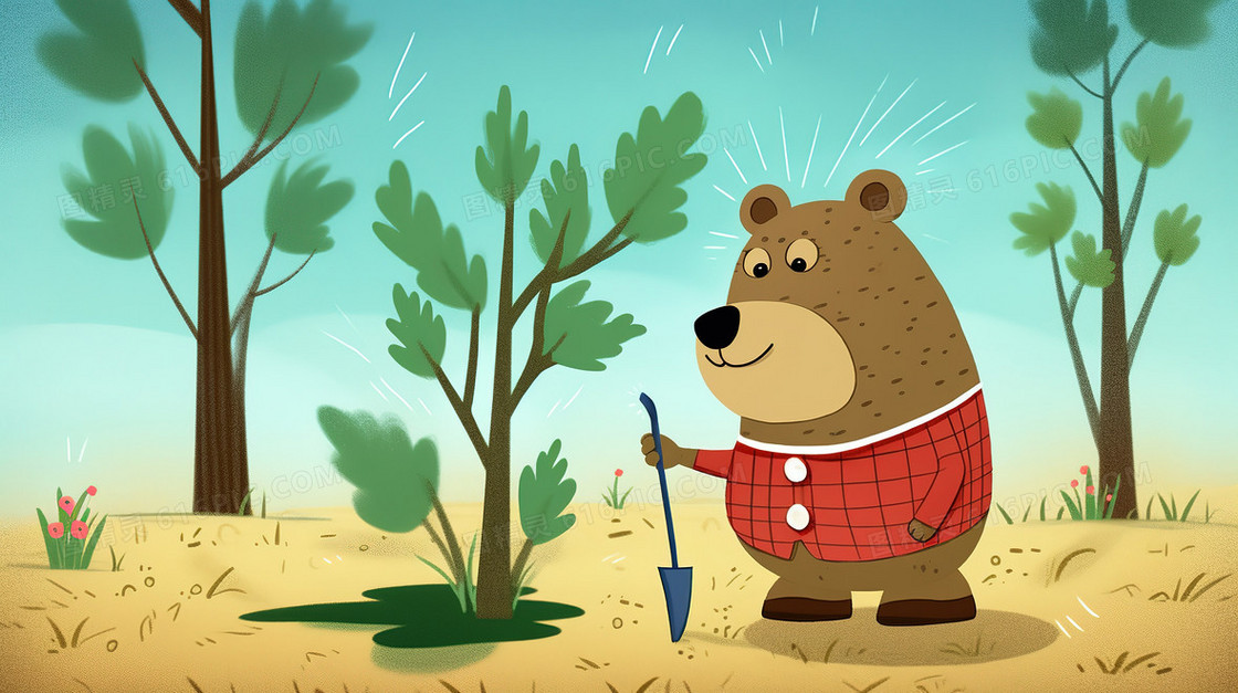 卡通风拿着小铁锹的可爱小熊