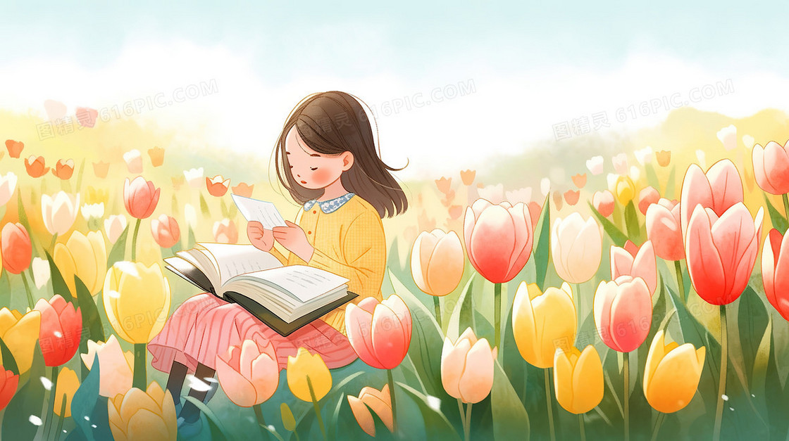 唯美卡通在郁金香花园看书的可爱女孩