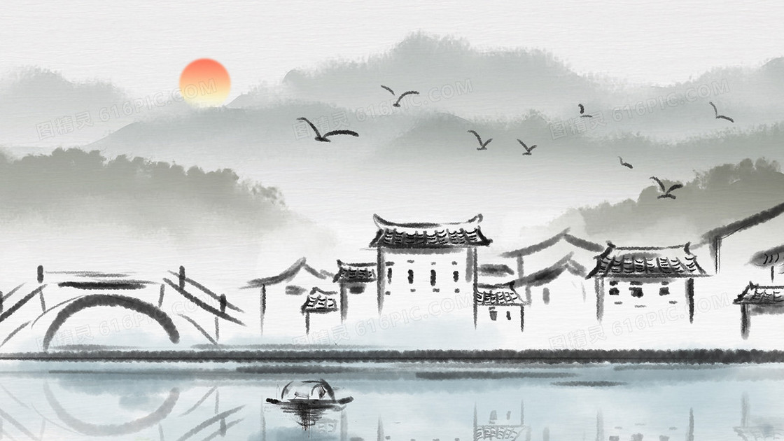 山水古代建筑古镇中国风插画