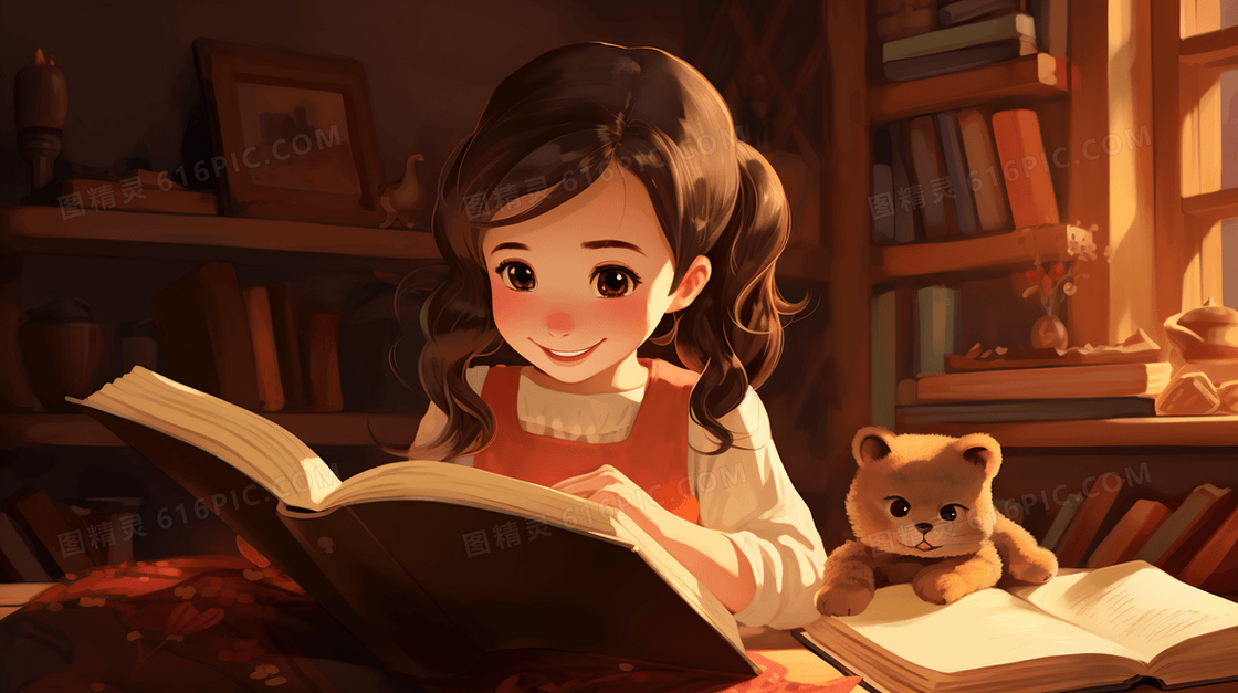 唯美梦幻少女学习儿童书本插画