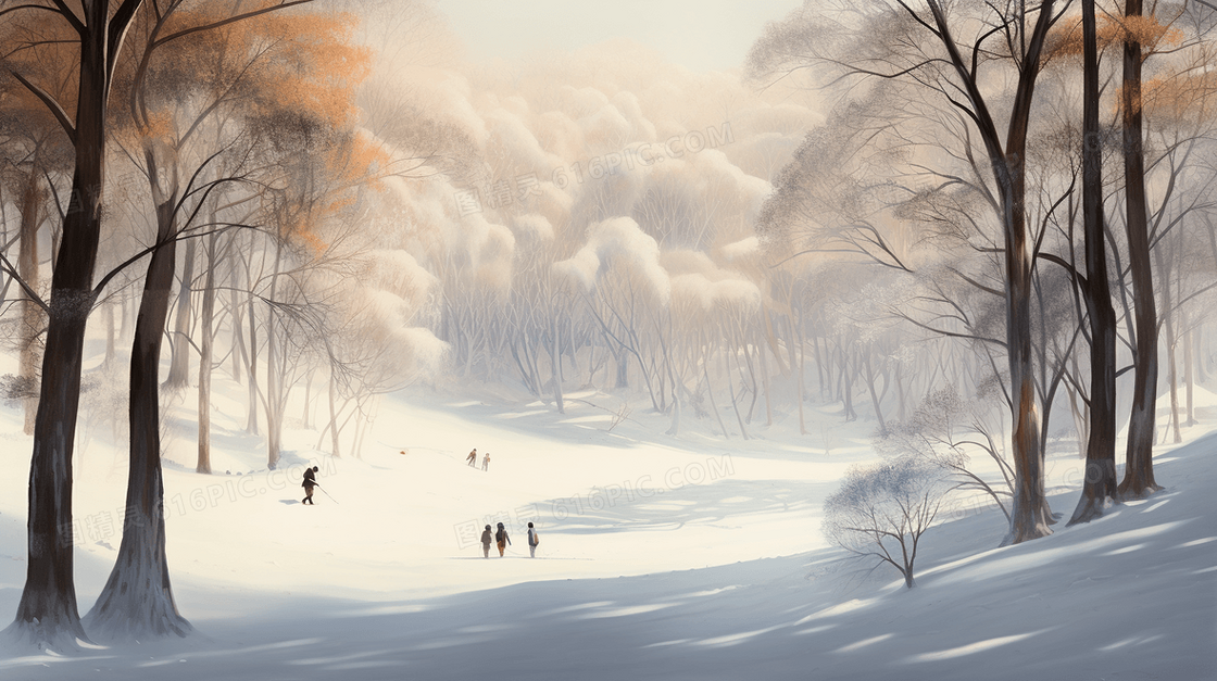 冬天雪地风景风光人物插画