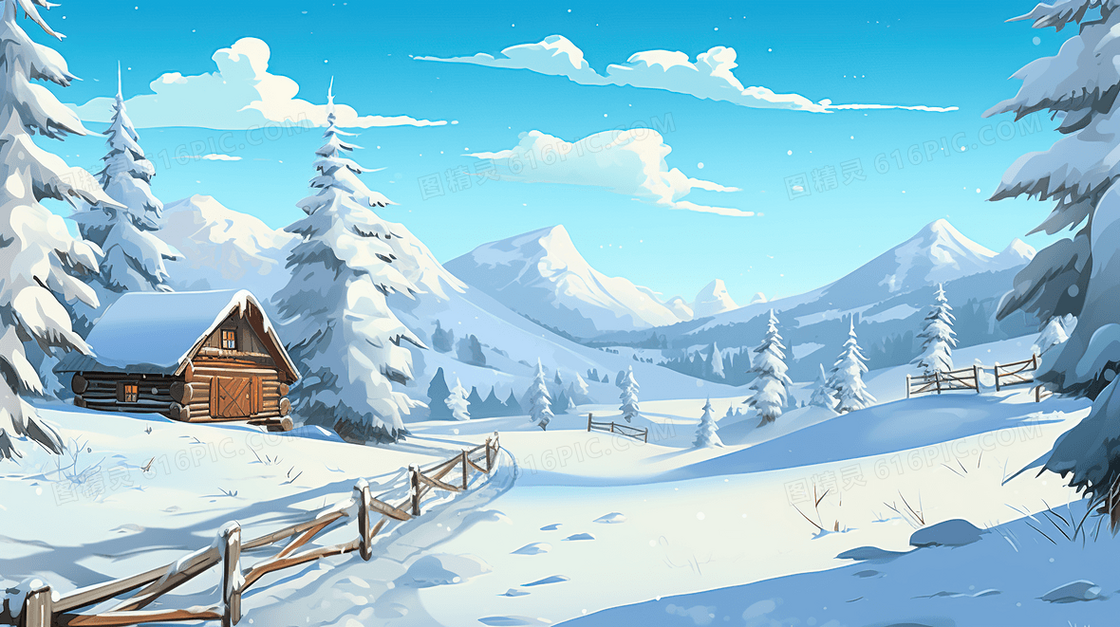 冬天雪地风景风光人物插画