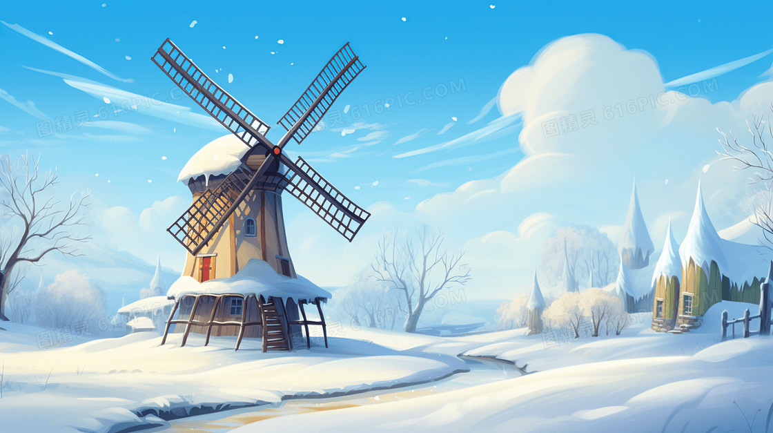 冬天雪地风景风光风车建筑插画