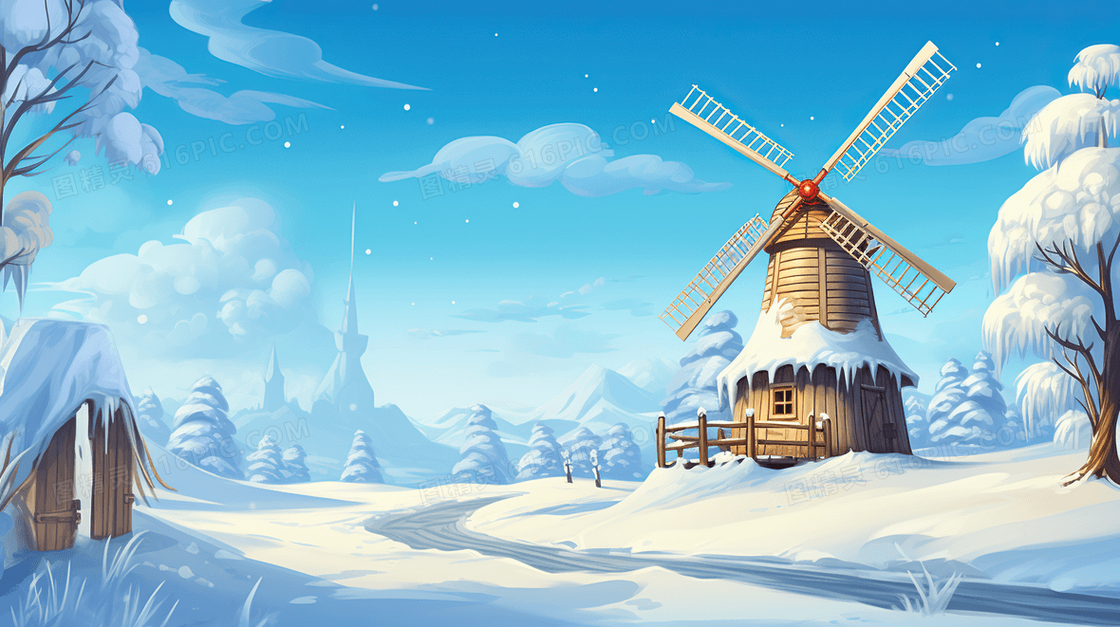 冬天雪地风景风光风车建筑插画