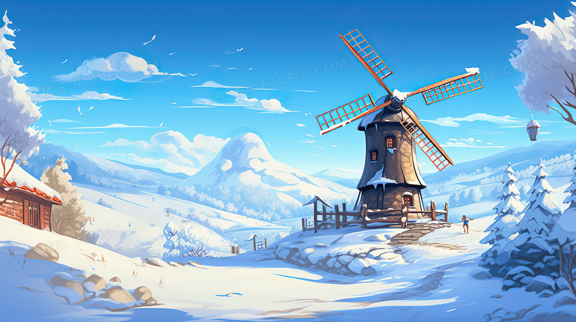 冬天雪地风景风光风车建筑插画