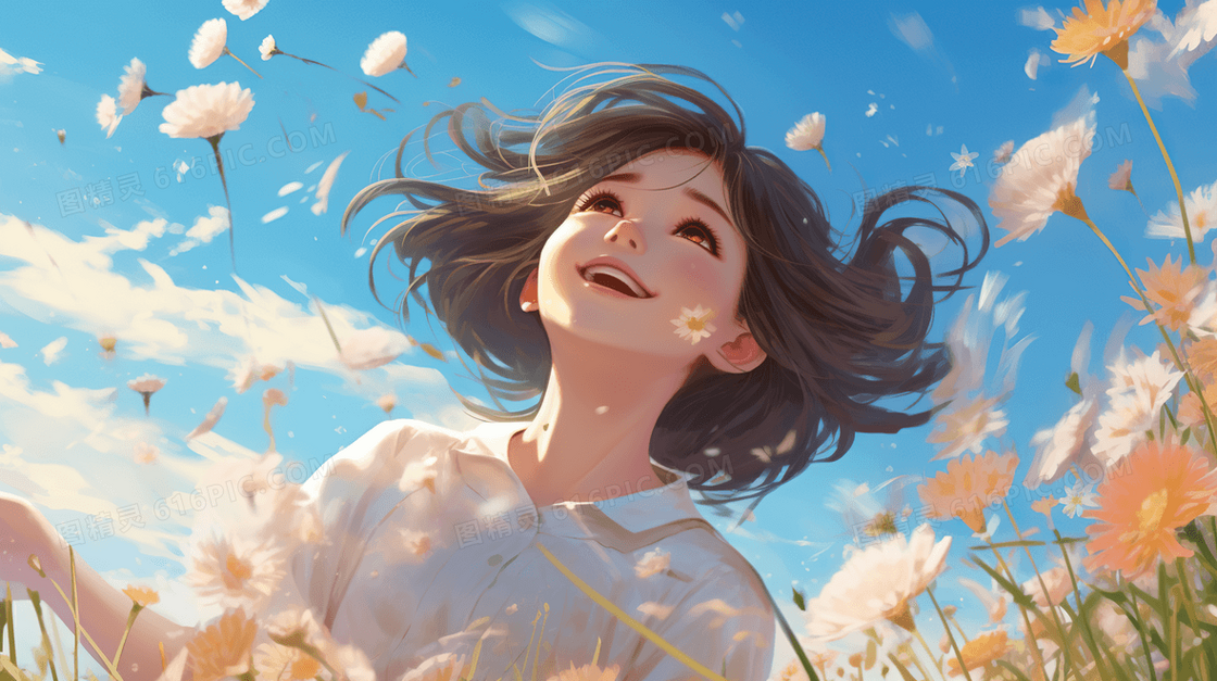 唯美清新风景少女蝴蝶人物插画