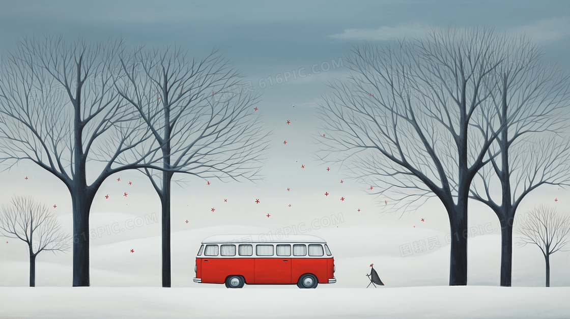 冬天雪地风景红色巴士插画