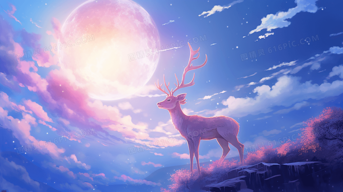 梦幻麋鹿唯美云彩渐变插画