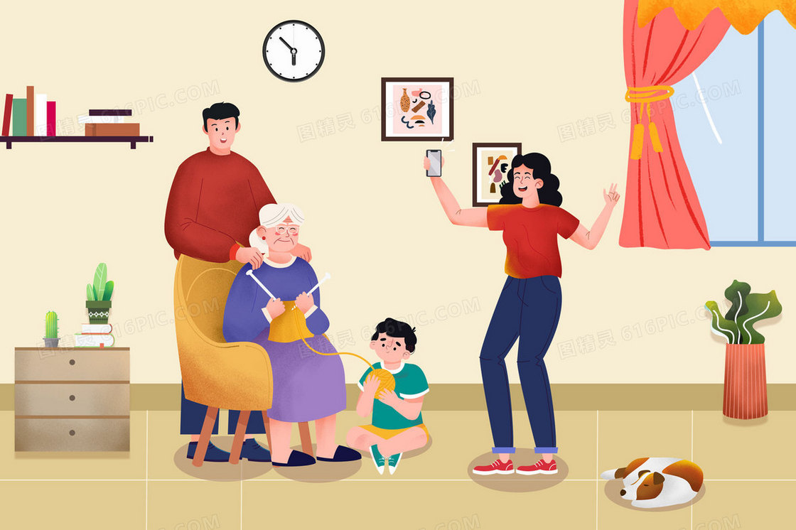 重阳节一家人在一起陪伴老人手绘插画