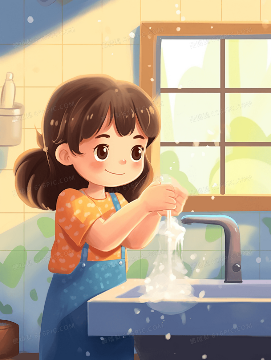 全球洗手日女孩洗手卡通插画
