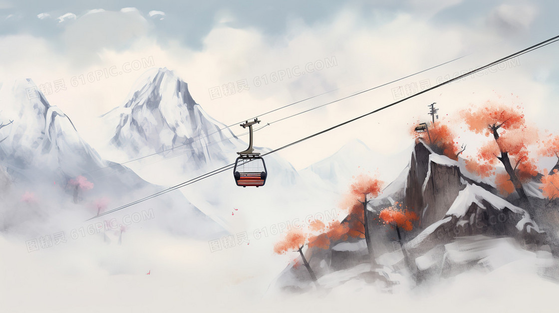 中国风水墨冬季雪山上的缆车