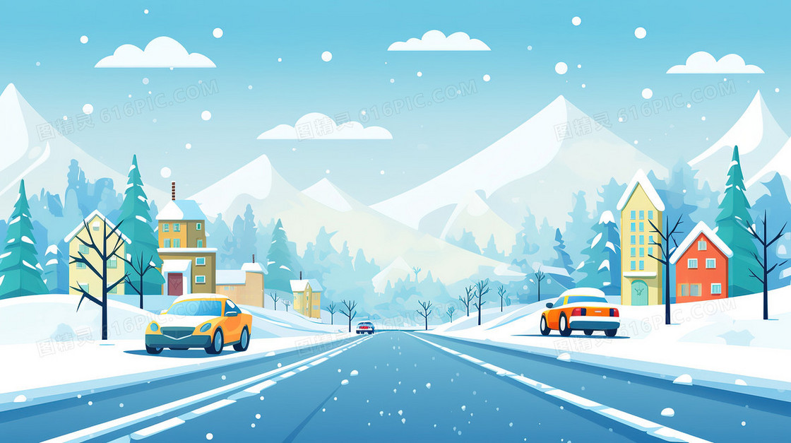 扁平化风格冬季城市雪景交通