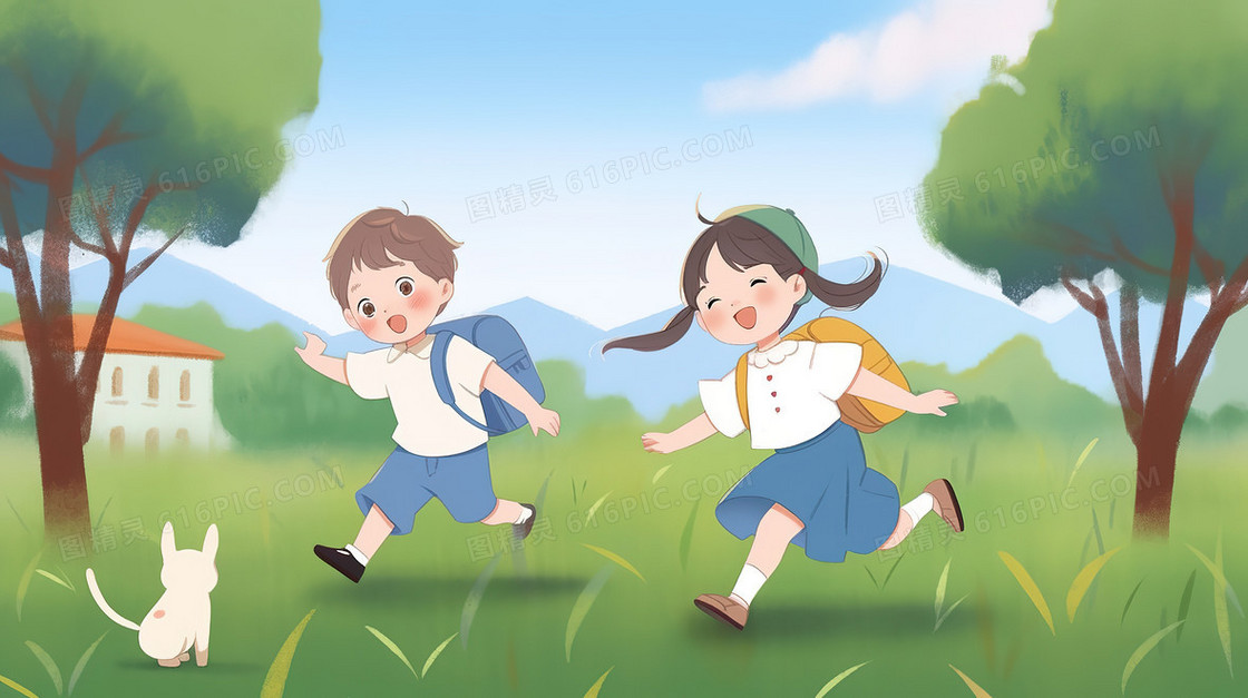 卡通风可爱的小朋友在草地上玩耍