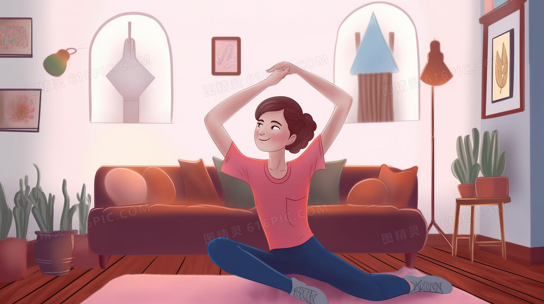 卡通居家练瑜伽的漂亮女孩