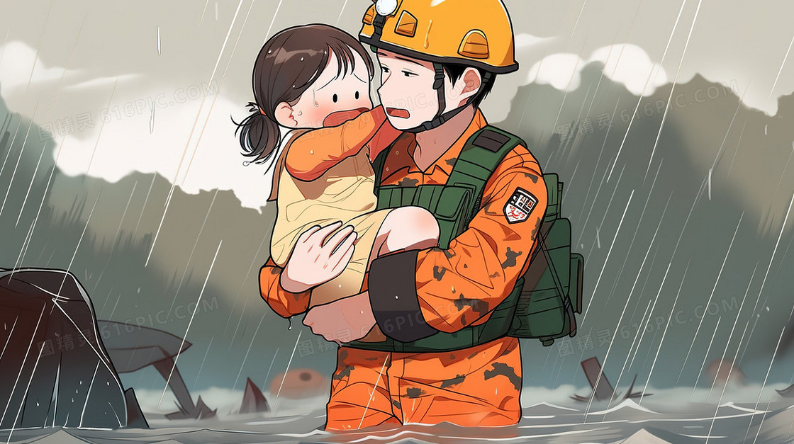 卡通洪水中正在救援的志愿者