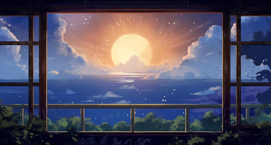 唯美风透过窗外的夕阳景色