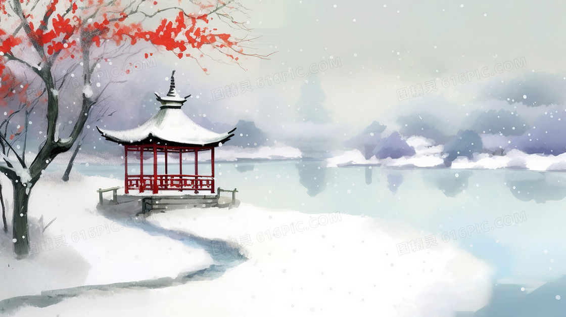中国风冬季花园里的古典亭子和雪景