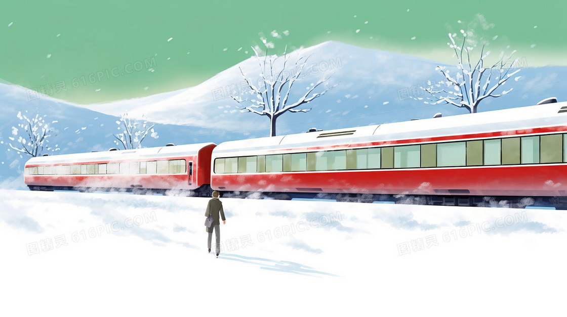 卡通雪景动车旁行走的路人