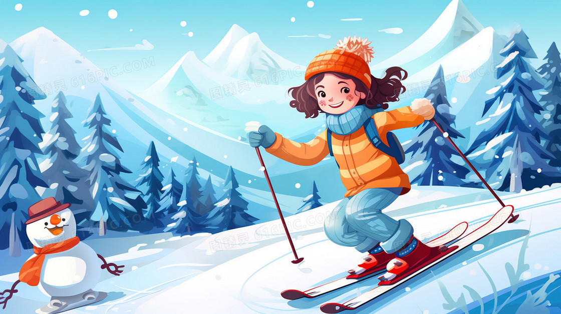 下雪天小女孩在树林里滑冰
