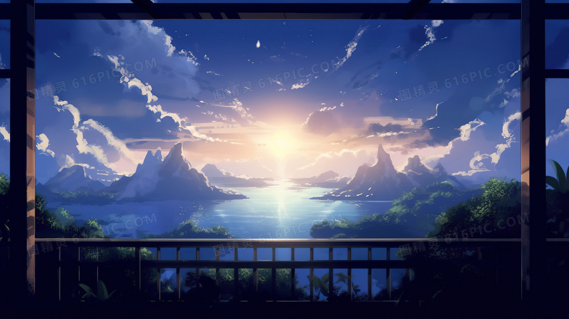 唯美风透过窗外的夕阳景色
