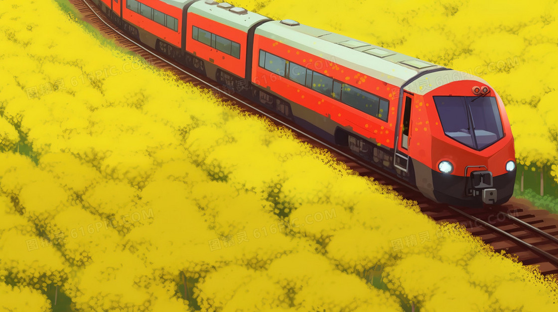 卡通风油菜花海中穿梭的小火车